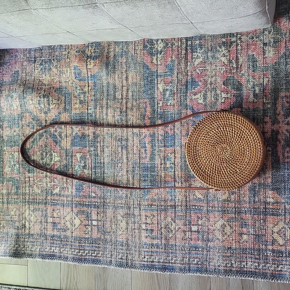 Handwoven Round Rattan shoulder, leather strap purse.